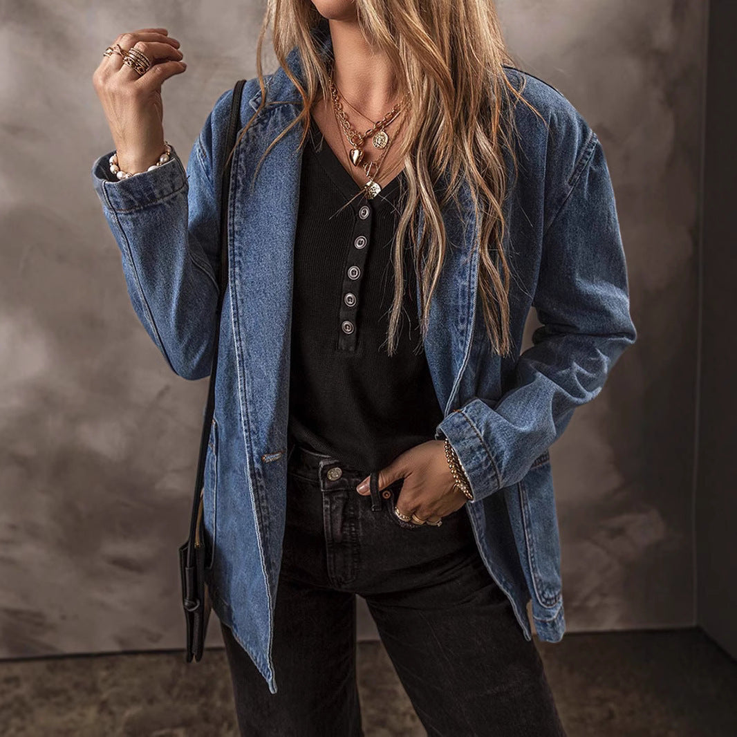 Spring And Autumn New Denim Jacket For Women, Slim Fit, Suit Collar, Solid Color Cardigan, One Button Top, Trendy