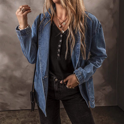 Spring And Autumn New Denim Jacket For Women, Slim Fit, Suit Collar, Solid Color Cardigan, One Button Top, Trendy
