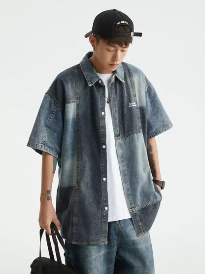 Retro Washed Stitching Denim Shirt - Japanese Style