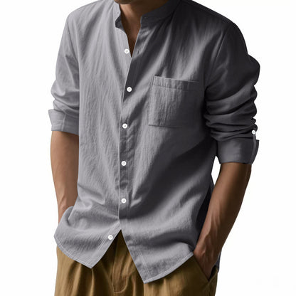 Long Sleeve Stand Collar Shirt With Pockets - Casual Men's Clothing