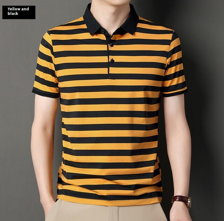 Summer Cotton Polo Collar Striped T-shirt - Men