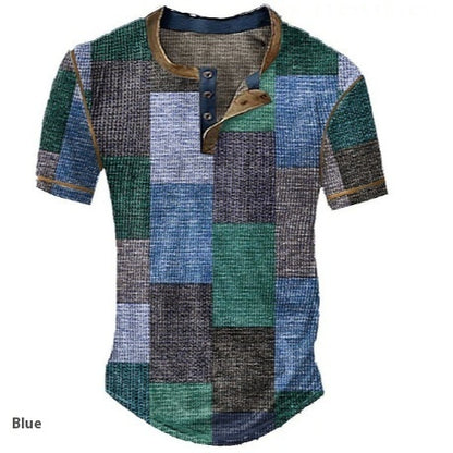 Men's Graphic Plaid Henley Shirt - Short Sleeve