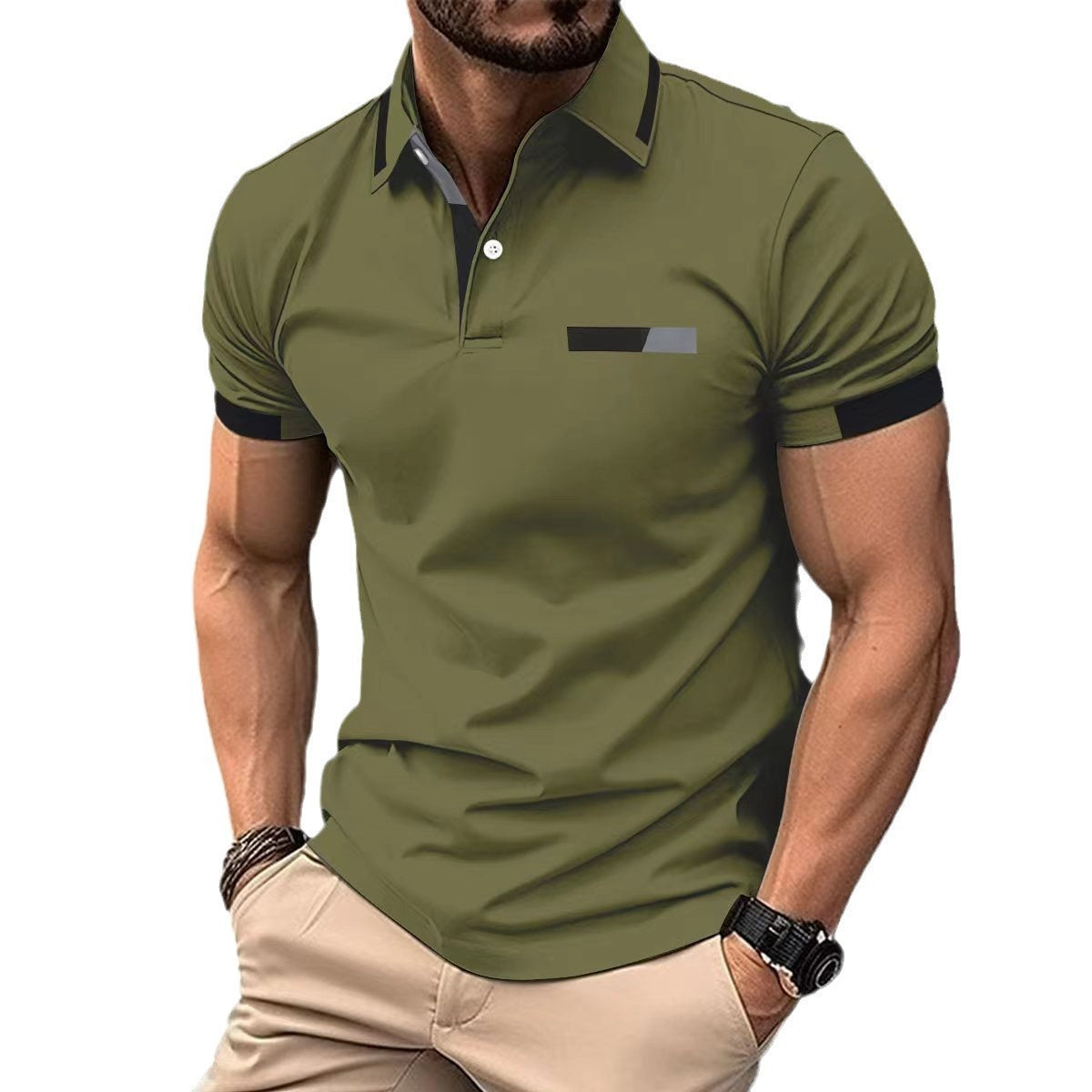 Men's Casual Polo Shirt - Faux Pocket & Lapel Button