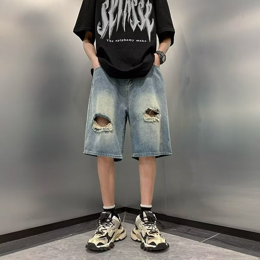 Denim Men's Shorts - Casual Five-point Style