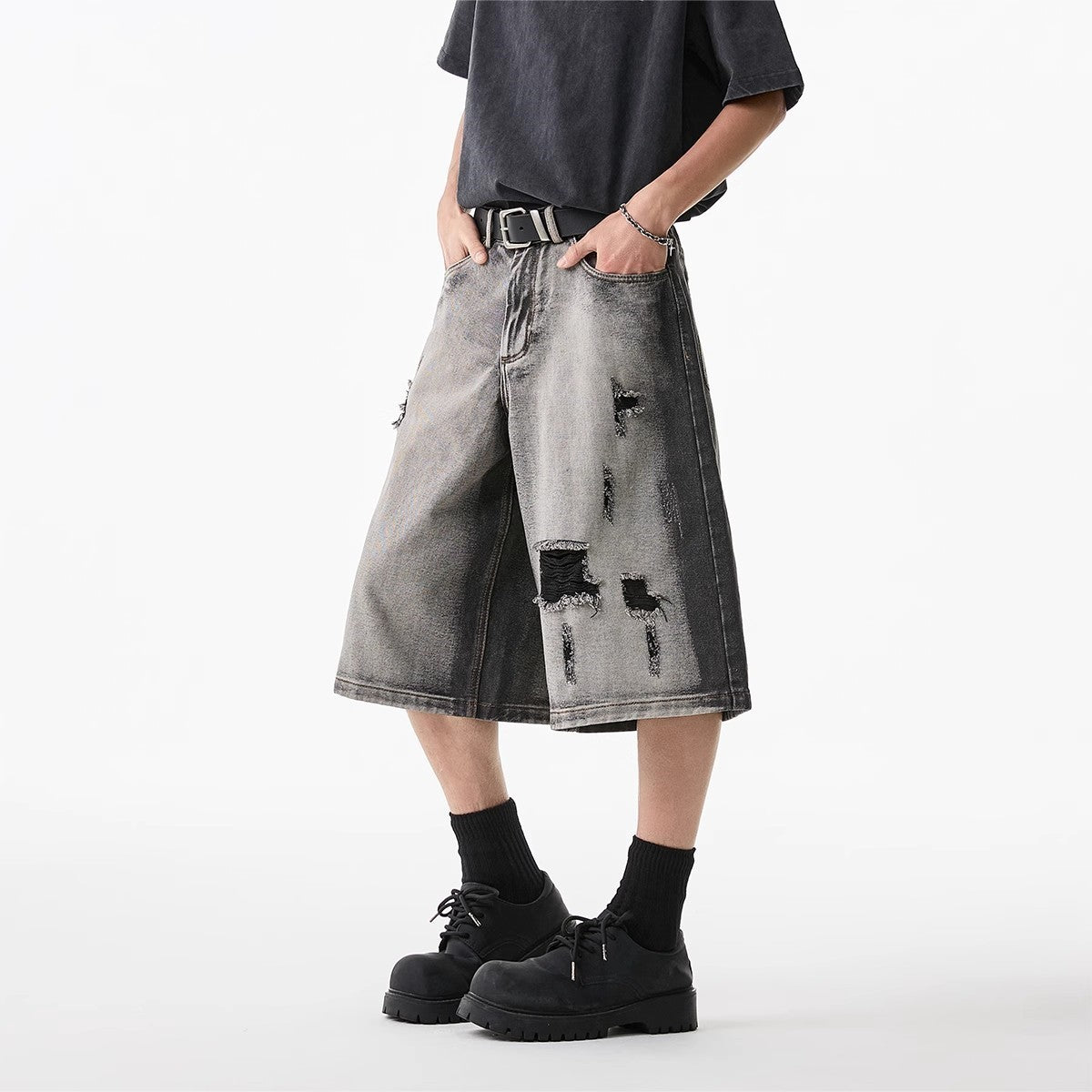 High Street Water Washed Hole Denim Shorts - Trendy Men's Fashion